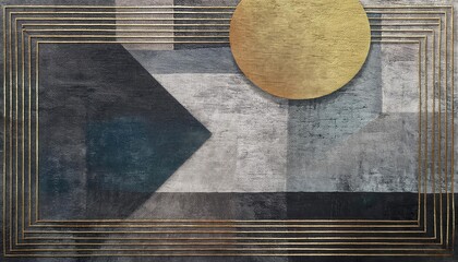 Aufkleber - modern geometric abstract with gold sun and linear patterns on textured gray background, ideal for contemporary decor and wall art

