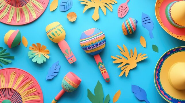 Festive Cinco de Mayo flat lay featuring iconic symbols like maracas and sombreros with ample copy space for holiday designs.