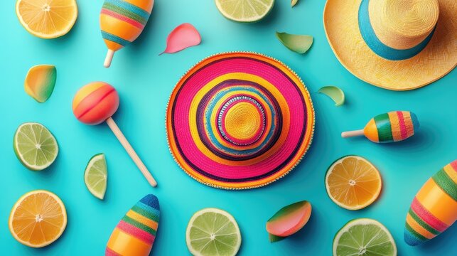 Festive Cinco de Mayo flat lay featuring iconic symbols like maracas and sombreros with ample copy space for holiday designs.