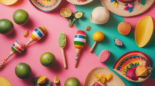 Festive Cinco de Mayo flat lay featuring iconic symbols like maracas and sombreros with ample copy space for holiday designs.