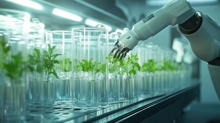 Poster - Futuristic lab scene with robotic arms nurturing tissue-cultured plants in glass chambers, symbolizing innovative agriculture and sustainability.