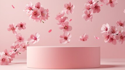 Poster - Generative 3D mockup featuring a soft pink pedestal with cherry blossoms floating, perfect for cosmetic or luxury brand promotion.