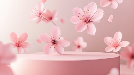 Poster - Generative 3D mockup featuring a soft pink pedestal with cherry blossoms floating, perfect for cosmetic or luxury brand promotion.