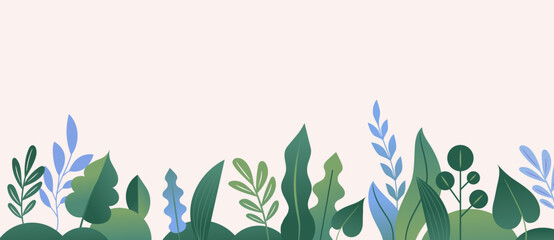 Botanical illustration, background in flat style with copy space for text -banner with plants and leaves for greeting cards, posters, banners and prints