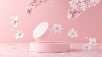 Aufkleber - Minimal pastel pink background with 3D cosmetic display podium and sakura flowers falling gracefully, creating a soft, spring vibe.