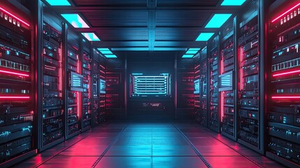 Poster - Modern industrial warehouse with glowing digital panels and AI-driven systems optimizing inventory and logistics processes.