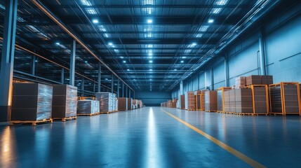 Poster - Modern industrial warehouse with glowing digital panels and AI-driven systems optimizing inventory and logistics processes.