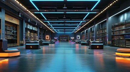 Poster - Retail warehouse of the future with augmented reality visualizations and automated robots managing goods seamlessly.