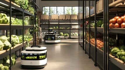 Poster - Retail warehouse of the future with augmented reality visualizations and automated robots managing goods seamlessly.