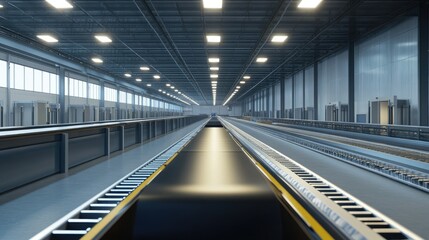 Poster - Rows of conveyor belts transporting goods efficiently in a spacious, modern industrial facility.
