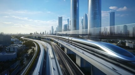 Wall Mural - Complex elevated high speed rail in massive city highway aerial photo 100 years I'm the future 