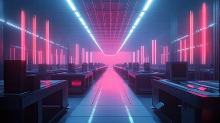 Poster - Warehouse scene with holograms analyzing goods on conveyor belts, symbolizing the digitalization of Industry 4.0.