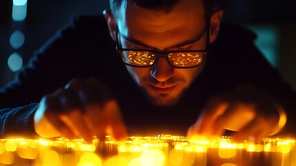 Aufkleber - Focused Individual Engaging with Bright Light Source on a Table, Illuminated with Warm Colors in a Dark Setting, Showcasing Creativity and Technology