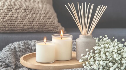 Poster - Enjoy a cozy ambiance with an aromatherapy diffuser, candles, and flowers arranged on a wooden tray and a soft blanket nearby