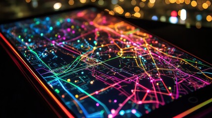 Poster - glowing lines of roads and infrastructure form a vibrant, futuristic city map on a tablet screen, wi