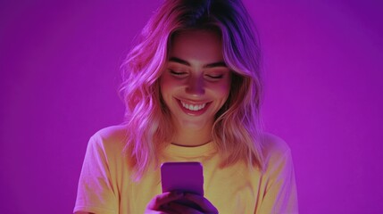 Wall Mural - Smiling Woman Texting Phone