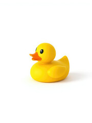 Bright yellow rubber duck on white background, playful, childhood