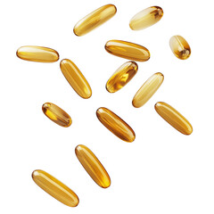 png falling fish oil, Omega 3 capsule soft gel or fish oil capsule isolated on transparent background.	