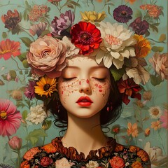 Wall Mural - Serene Girl in a Floral Crown: A Dreamy Portrait