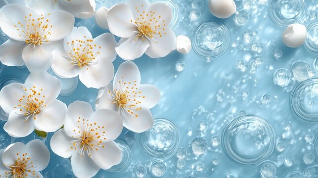 Elegant floral arch rendering surrounded by delicate white blossoms and soft bubbles on a serene blue backdrop