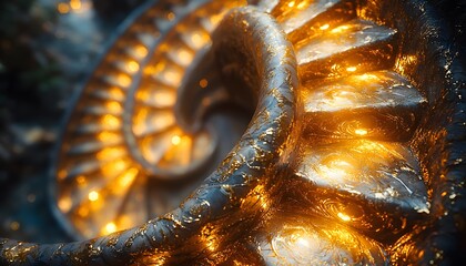 Aufkleber - Intricate Spiral Shell Design with Glowing Golden Texture and Rich Details, Ideal for Nature, Art, and Abstract Themes in Stock Photography