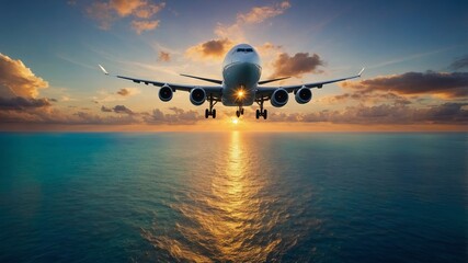 Wall Mural - airplane flying over the ocean during sunset with golden reflections on water at a tranquil moment