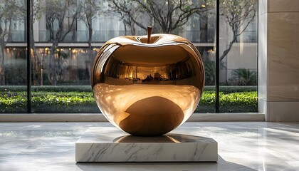 Poster - Elegant Bronze Apple Sculpture in Modern Lobby with Reflections, Surrounded by Lush Greenery and Natural Light Streaming Through Large Windows