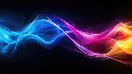 Poster - Vibrant abstract waves in blue, pink, and orange colors gracefully flowing against a dark background. Perfect for artistic designs.