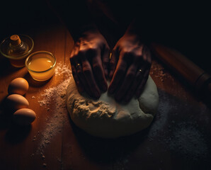 Crafting dough with skillful hands under soft light in a rustic kitchen setting during an evening bake