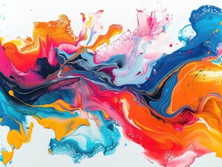 Poster - Vibrant abstract painting with swirling colors, showcasing vivid hues of blue, orange, pink, and white for dynamic visual appeal.