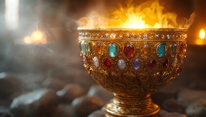 Poster - Golden ornate bowl with colorful gemstones radiating warm light and surrounded by an ethereal mist, creating a mystical ambiance in a dimly lit space