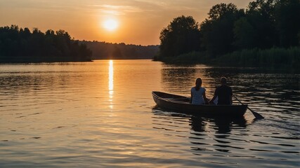 Wall Mural - couple enjoys a serene sunset boat ride on a calm river surrounded by nature's beauty