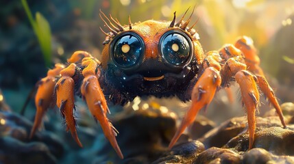 Wall Mural - Adorable Cartoon Spider: Close-up of a Cute Orange Spider in Nature