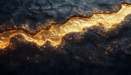 Poster - Golden Stream of Light Flowing Through Dark Surface with Glimmering Particles Creating a Mystical Atmosphere and Reflective Texture Ideal for Background and Abstract Art