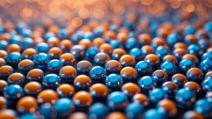 Close up pattern of shiny blue and orange beads with bokeh effect out of focus