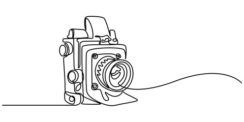 Poster - Instant Camera Continuous Line Drawing with Editable Stroke and Copy Space, Digital camera continuous one line drawing. Isolated on white background vector illustration, One single line drawing of old