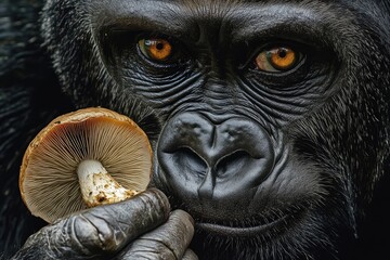 Wall Mural - Gorilla Examining A Mushroom Close Up