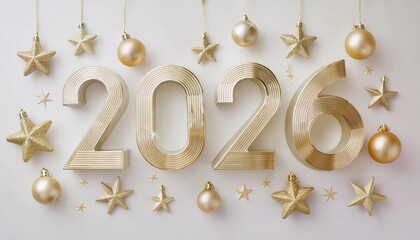 Aufkleber - golden metallic 2026 numbers with festive star decorations on a white background, ideal for new year celebration designs or invitations