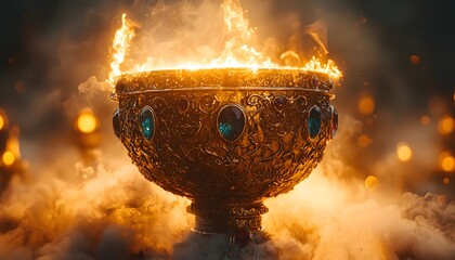 Poster - Ornate Golden Bowl Surrounded by Fiery Flames and Mystical Smoke Creating an Enigmatic and Luminous Atmosphere of Ancient Artistry and Magical Allure
