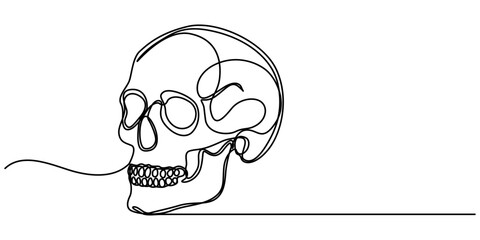Poster - Human scull. One line continuous Halloween skull isolated on white background. Line art outline vector illustration, Human scull. One line continuous Halloween skull isolated on white background. Line