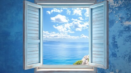 Wall Mural - open window facing tranquil ocean, bright blue sky with fluffy clouds, serene atmosphere perfect for