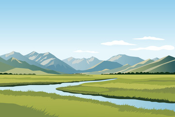 steppe and mountains landscape vector illustration. green steppe meadows and fields, a river and bea