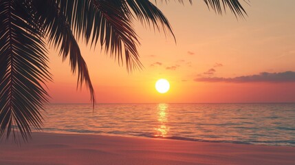 Wall Mural - serene sunset over calm ocean, golden hues reflecting on water, palm tree silhouettes in foreground,