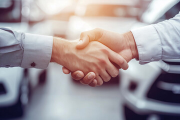 Poster - Two men shake hands in front of a car. The man on the left is wearing a gray shirt