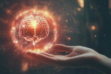 Poster - person's hand is holding a glowing brain in a red sphere. The brain is surrounded by a bright, glowing aura that seems to be pulsating with energy. Concept of wonder and awe at the complexity