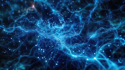 Poster - A captivating abstract image featuring a blue network with organic lines and glowing lights. This digital visualization represents data flow and communication in a vibrant, futuristic environment.