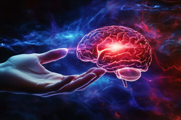 Aufkleber - hand is holding a brain with red and blue colors. The brain is glowing and he is pulsating. Concept of wonder and fascination with the complexity of the human brain