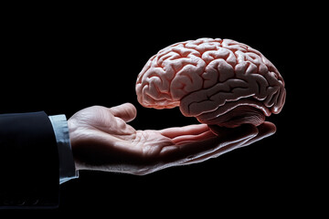 Poster - hand holding a brain. The brain is pink and the hand is black. Concept of importance and intelligence