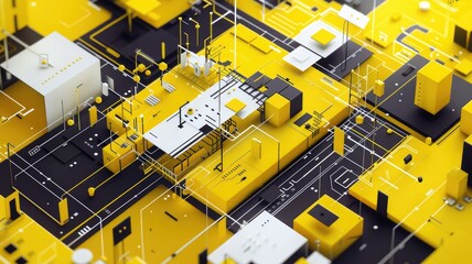 Poster - This abstract diagram illustrates a microservice architecture with a vibrant yellow and black color scheme, showcasing modern technology and digital design elements.