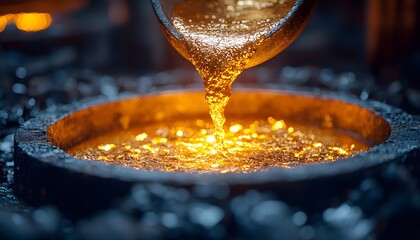 Poster - Molten metal pouring into a mold in a foundry creating a shiny gold-like surface, showcasing the intricate details and craftsmanship of metalworking processes.